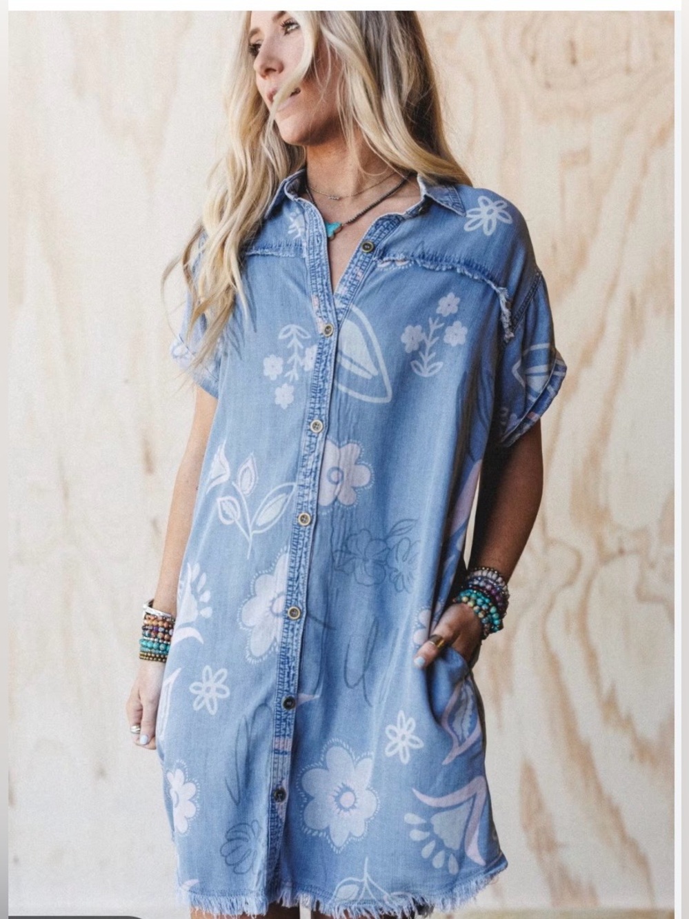 easel Light Blue Floral Denim Button-Up Dress